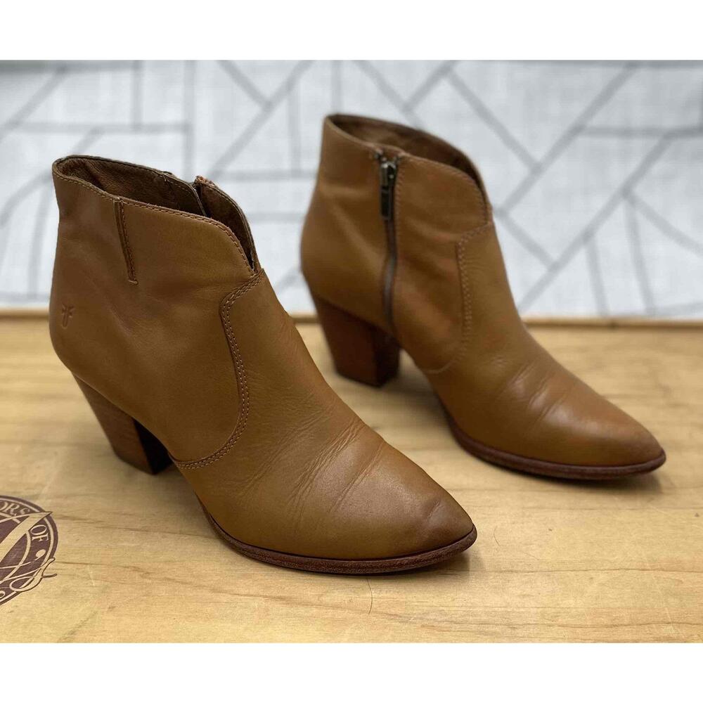 Frye‎ Jennifer Leather Ankle Booties Brown Zipper Heeled Womens Size 7 READ
